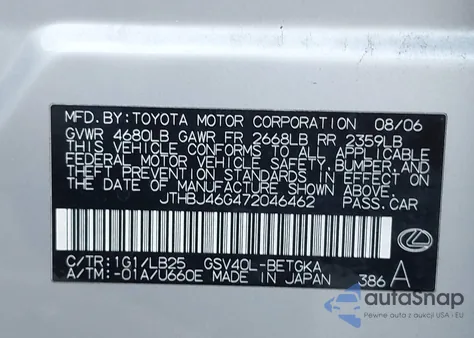2007 Lexus Es 350 from USA, damaged, VIN JTHBJ46G472046462